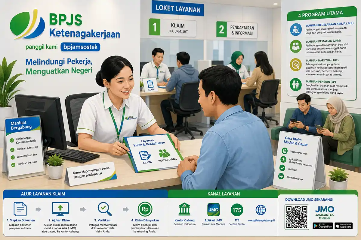 Infografis alur klaim dan kanal layanan digital BPJS Ketenagakerjaan.