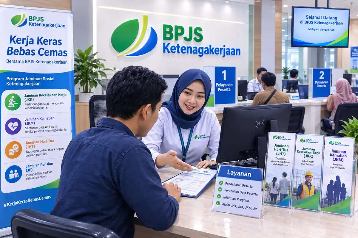 Petugas BPJS Ketenagakerjaan melayani warga yang mendaftar perlindungan jaminan sosial.