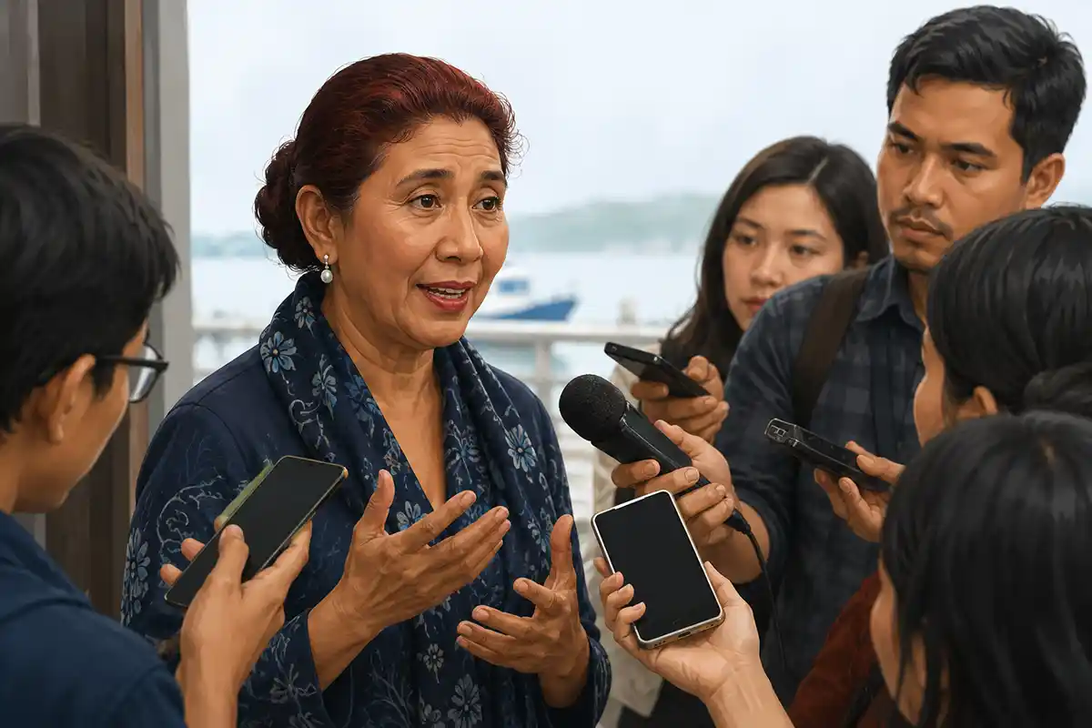 Susi Pudjiastuti diwawancarai wartawan terkait penunjukan sebagai Komisaris Utama Bank BJB.