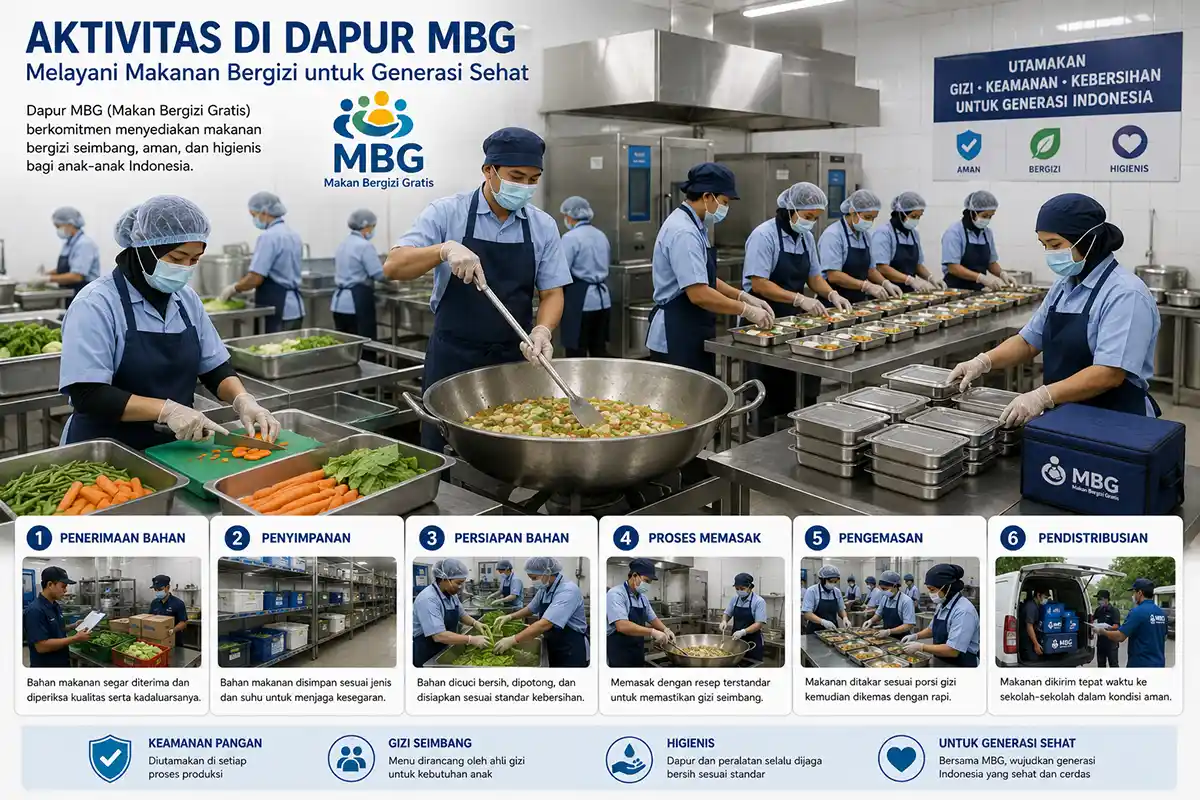 Infografis 6 langkah alur operasional di dapur umum program Makan Bergizi Gratis MBG mulai dari penerimaan bahan hingga pendistribusian.