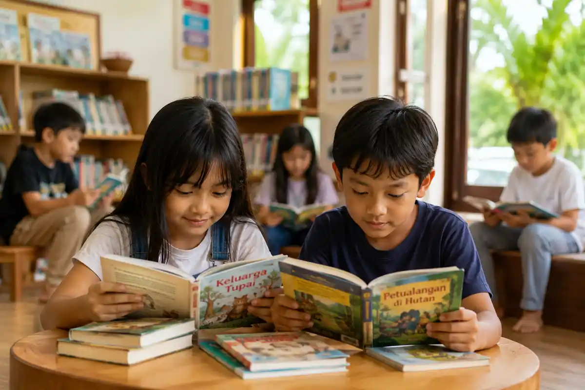 Anak-anak sekolah fokus membaca buku cetak di perpustakaan pada Peringatan Hari Buku Nasional 2026.