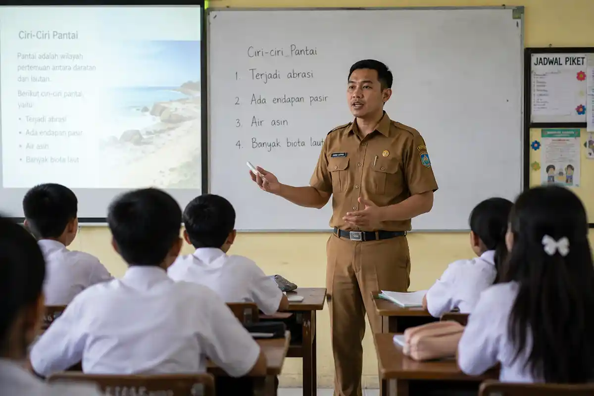 Suasana proses belajar mengajar interaktif bersama guru di dalam kelas.