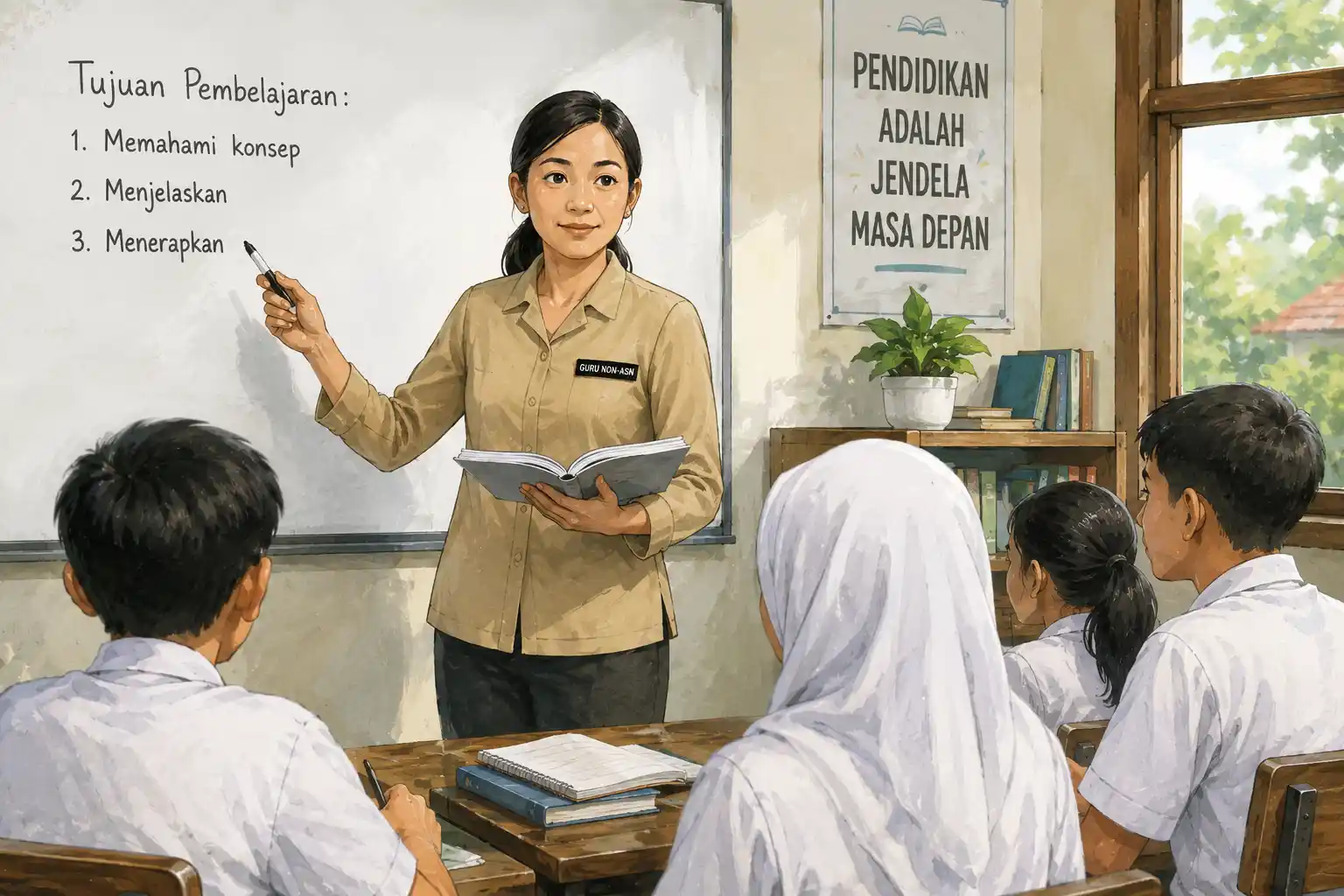 Seorang guru non-ASN sedang mengajar siswa di dalam kelas.