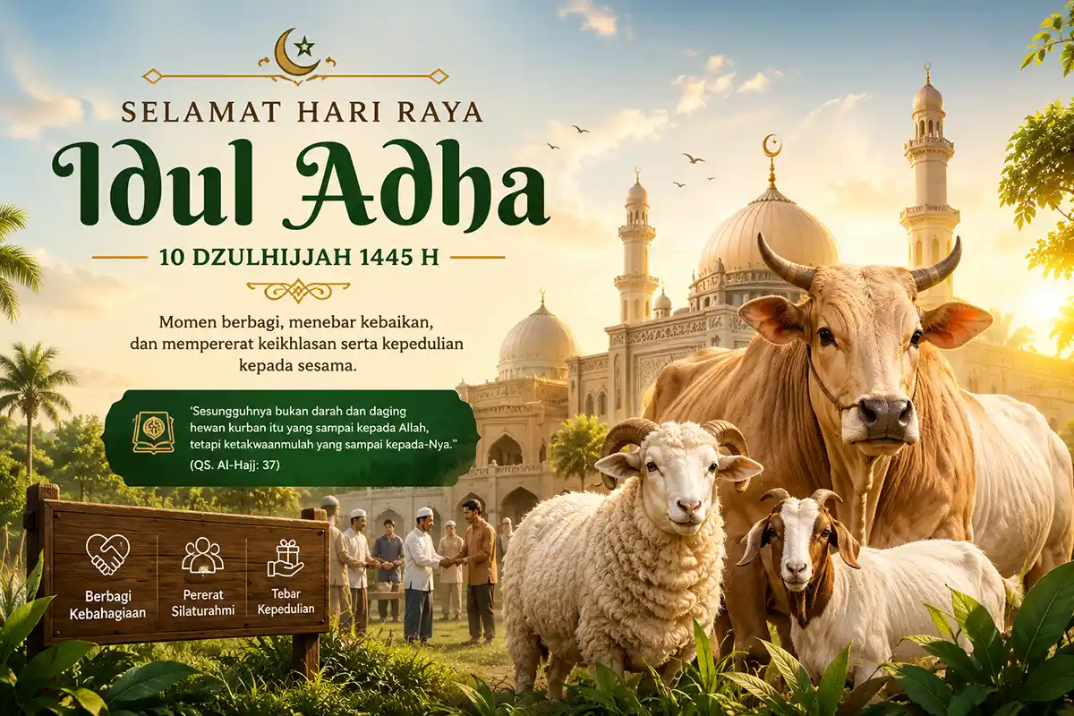 Ilustrasi kartu ucapan Selamat Hari Raya Idul Adha lengkap dengan hewan kurban sapi dan domba.