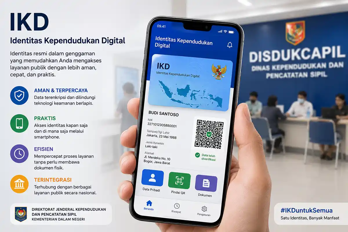Genggaman smartphone menampilkan aplikasi Identitas Kependudukan Digital IKD berlatar kantor pelayanan Disdukcapil.