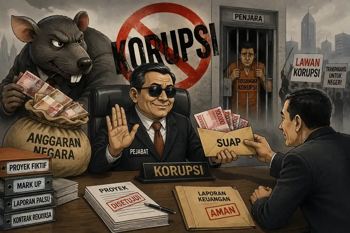 Ilustrasi praktik korupsi suap anggaran negara dan tindak pidana korupsi.
