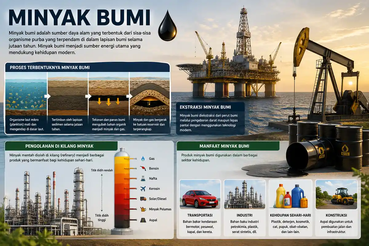 Infografis lengkap proses terbentuknya minyak bumi, metode ekstraksi, pengolahan kilang minyak, dan manfaatnya bagi sektor industri.