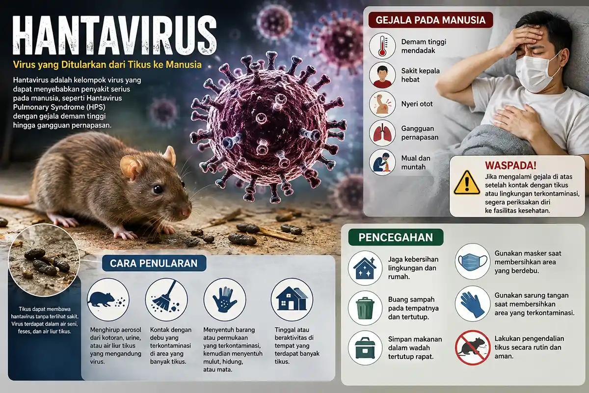 Infografis gejala, cara penularan, dan langkah pencegahan Hantavirus dari tikus ke manusia.