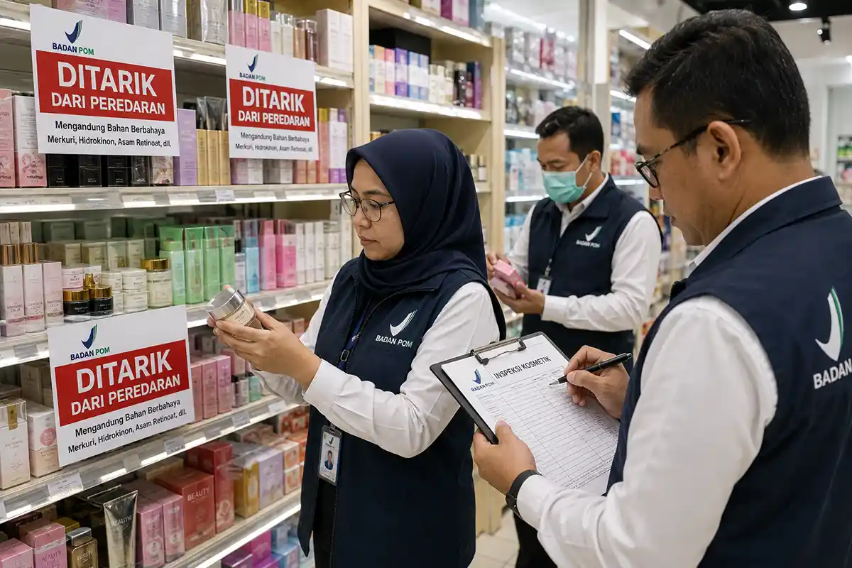 Petugas BPOM melakukan inspeksi dan penarikan kosmetik berbahaya di toko kecantikan.