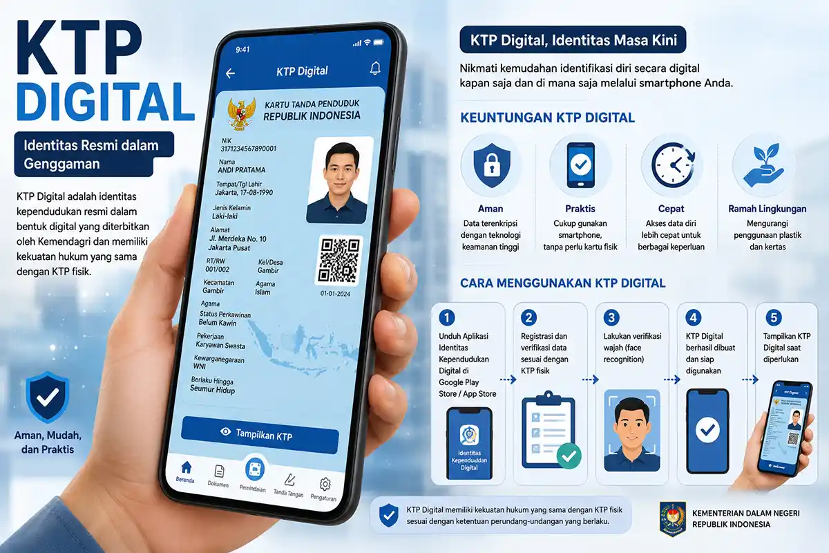 Infografis panduan lengkap cara menggunakan KTP Digital beserta 5 langkah mudah registrasi aplikasi identitas kependudukan.