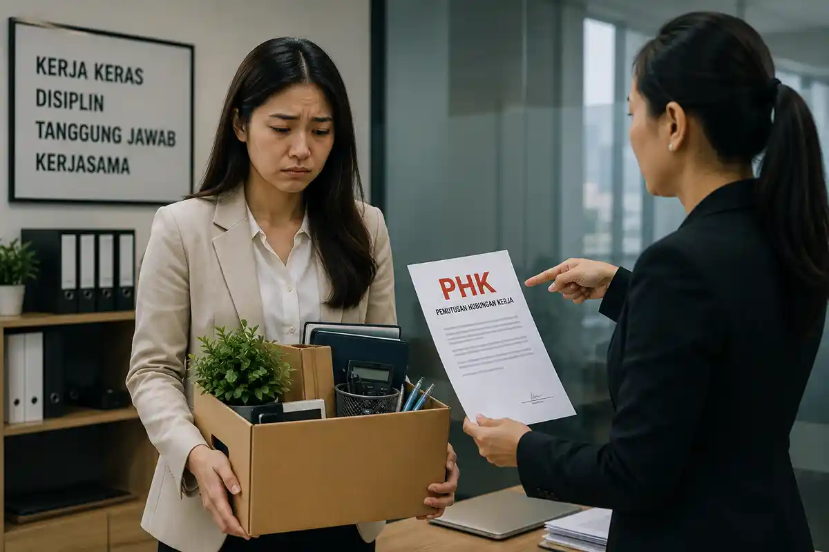 Seorang pekerja perempuan menerima surat PHK pemutusan hubungan kerja dari manajemen.
