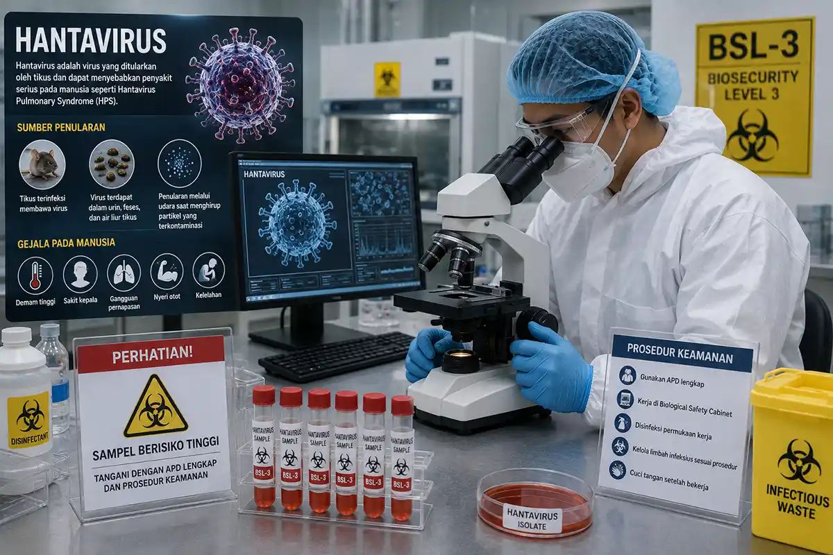 Peneliti medis di laboratorium BSL-3 memeriksa sampel Hantavirus menggunakan mikroskop.