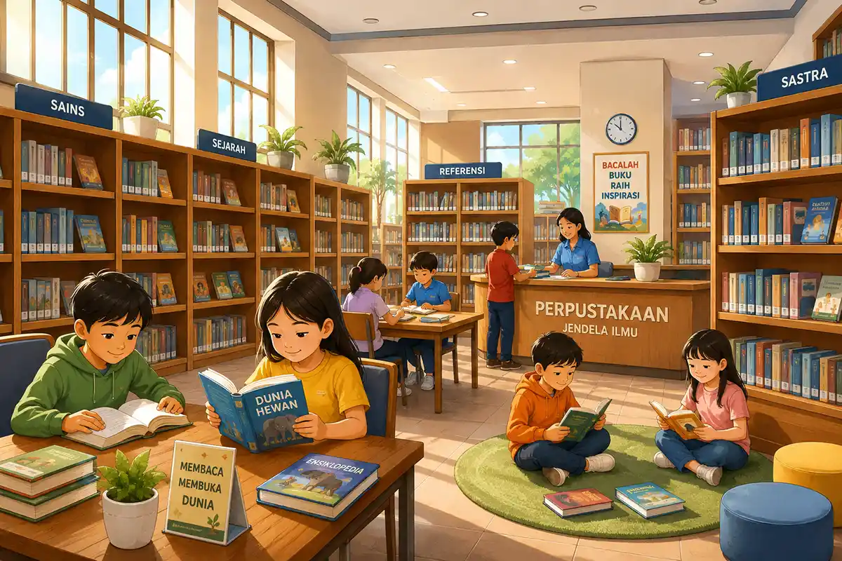 Ilustrasi suasana perpustakaan anak yang lengkap dengan berbagai kategori buku bacaan.