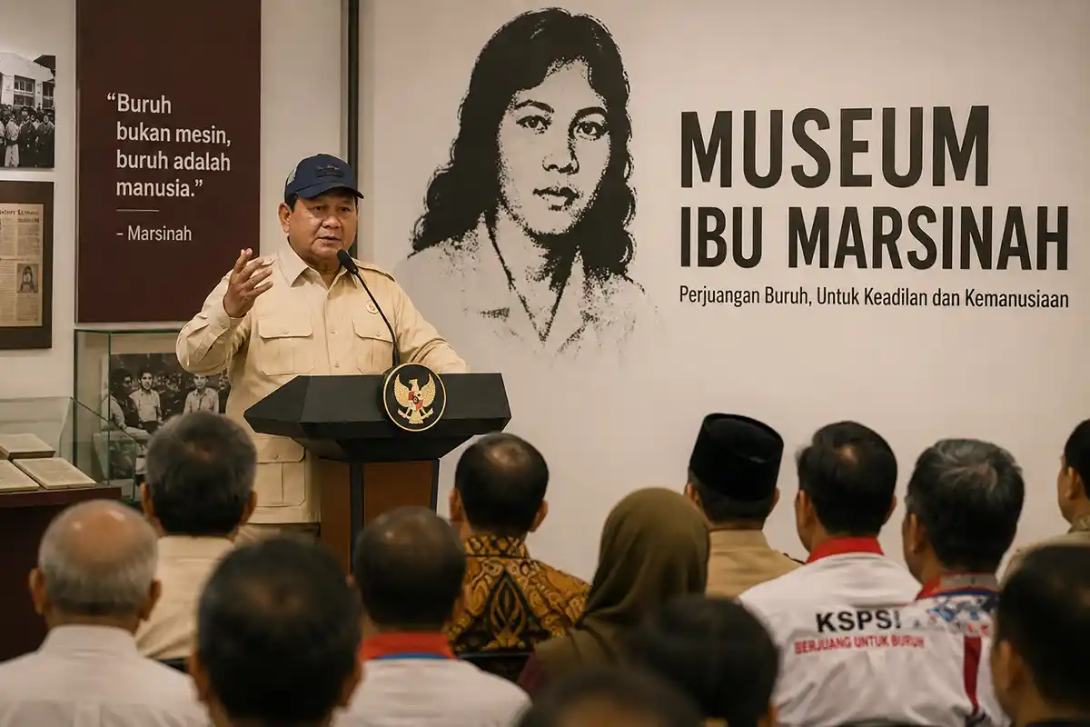 Presiden Prabowo Subianto menyampaikan pidato saat meresmikan Museum Ibu Marsinah di Nganjuk.