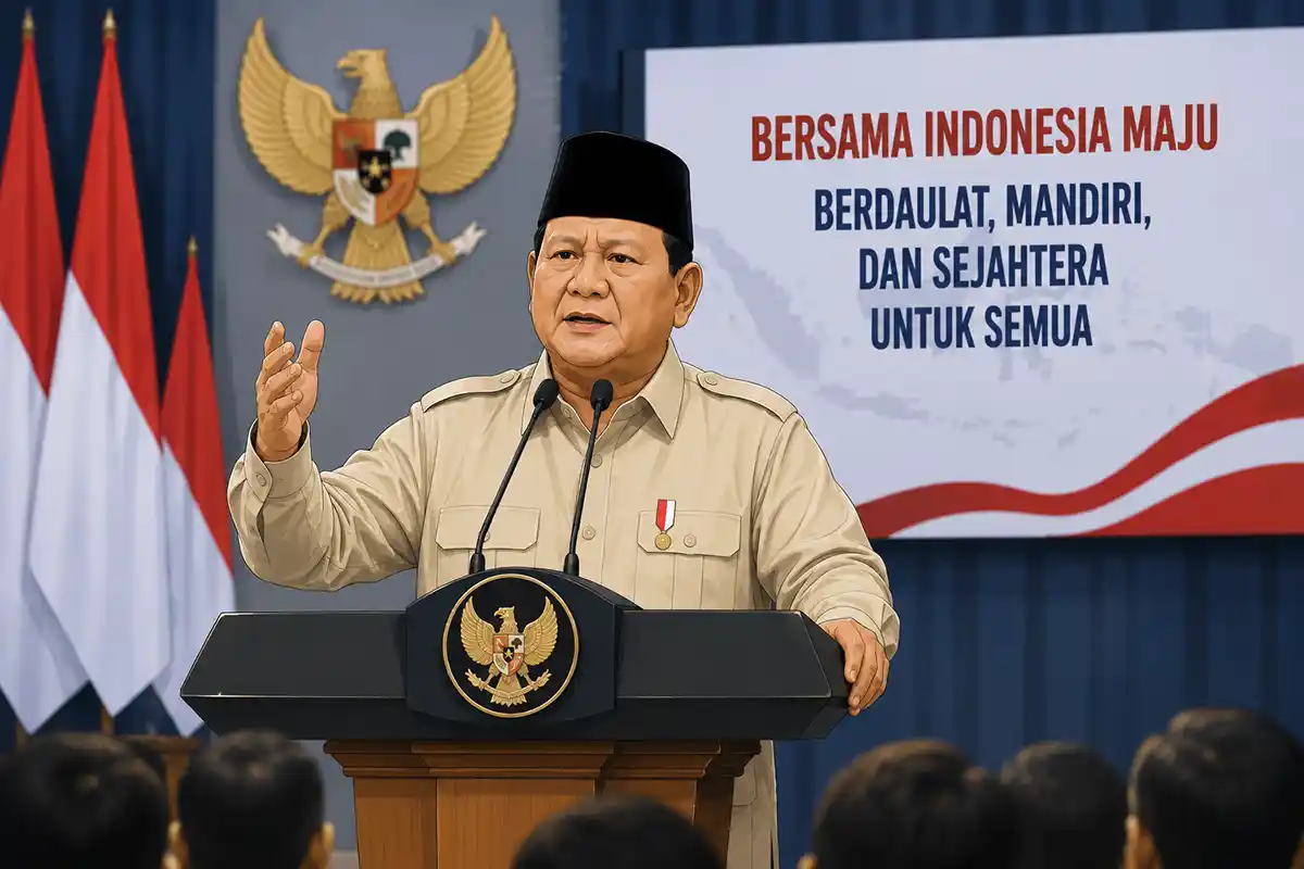 Prabowo Subianto menyampaikan pidato di mimbar resmi dengan latar belakang bendera Merah Putih dan lambang Garuda.