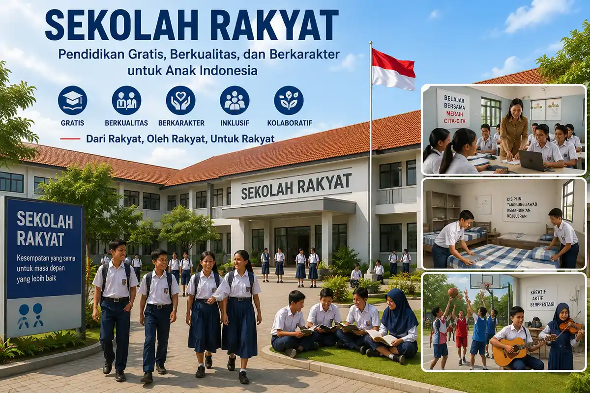 Infografis promosi program Sekolah Rakyat dan aktivitas para siswa.