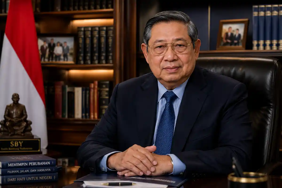 Potret Presiden ke-6 RI Susilo Bambang Yudhoyono SBY duduk di ruang kerja perpustakaan.