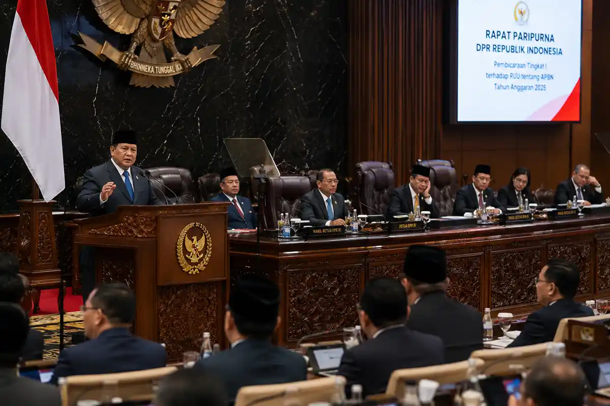 Ilustrasi suasana rapat paripurna di Gedung DPR RI yang dihadiri Presiden Prabowo Subianto.