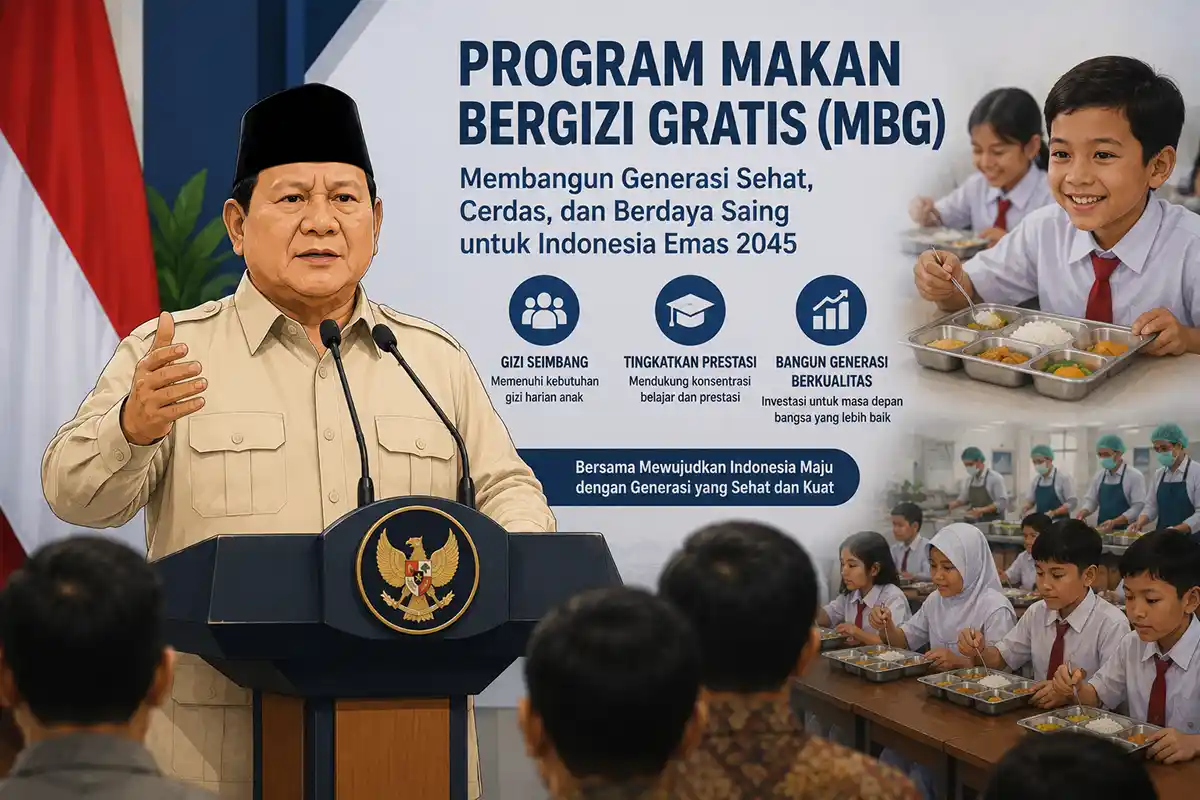 Infografis Program Makan Bergizi Gratis MBG menampilkan Prabowo Subianto dan anak-anak sekolah yang mendapat makan siang gratis.