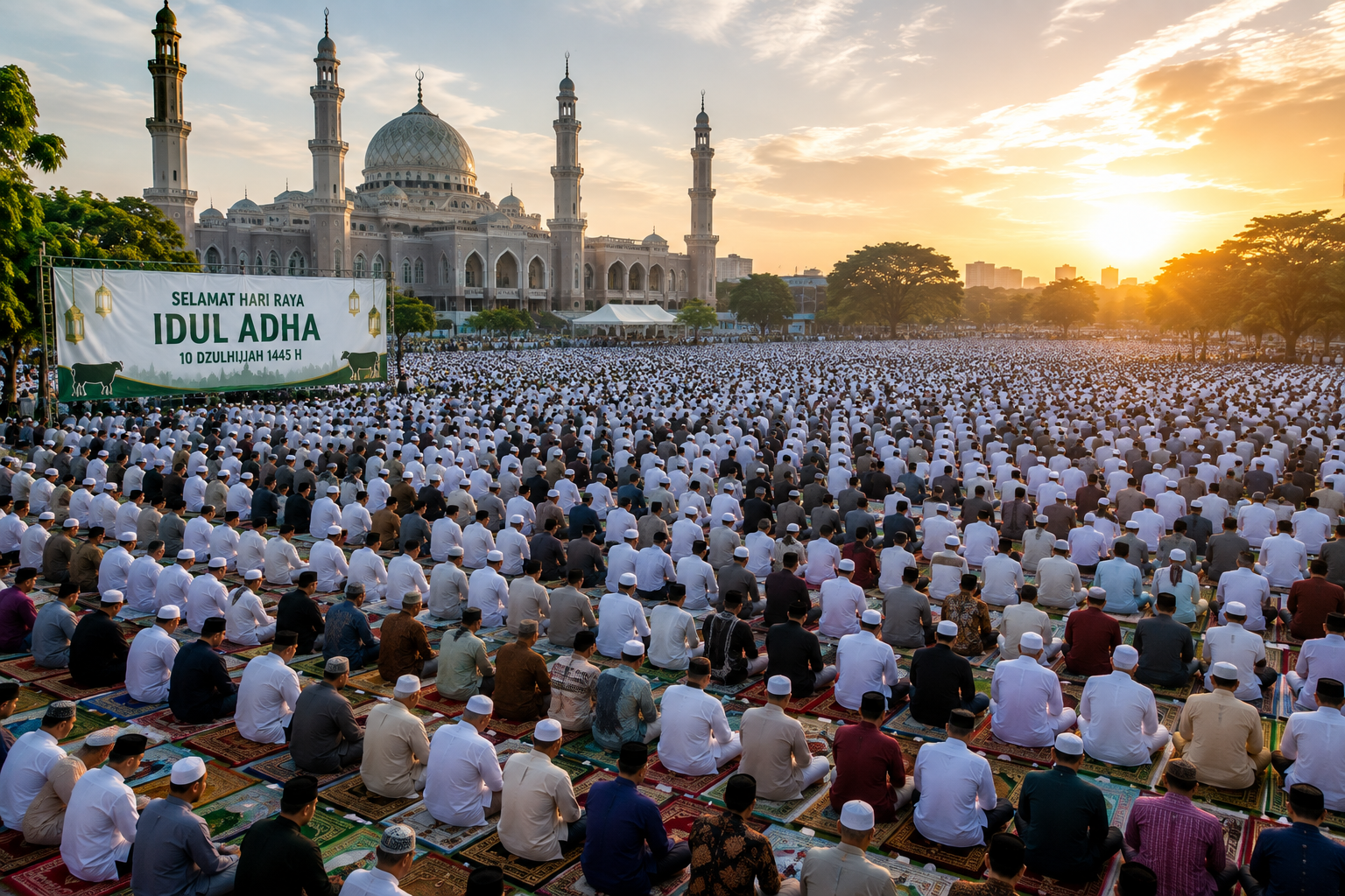 Ribuan umat Islam melaksanakan Salat Idul Adha berjamaah di halaman masjid saat perayaan Idul Adha.