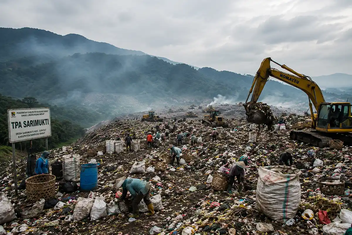 Aktivitas alat berat dan pemulung di tengah penumpukan sampah TPA Sarimukti.