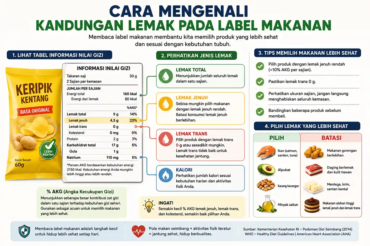 Ilustrasi cara membaca label makanan untuk mengenali kandungan lemak total, lemak jenuh, dan lemak trans