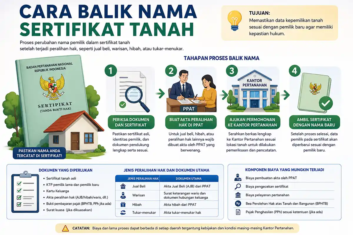 Infografis panduan cara balik nama sertifikat tanah yang menjelaskan tahapan proses di PPAT dan Kantor Pertanahan, syarat dokumen, jenis peralihan hak, serta komponen biaya.