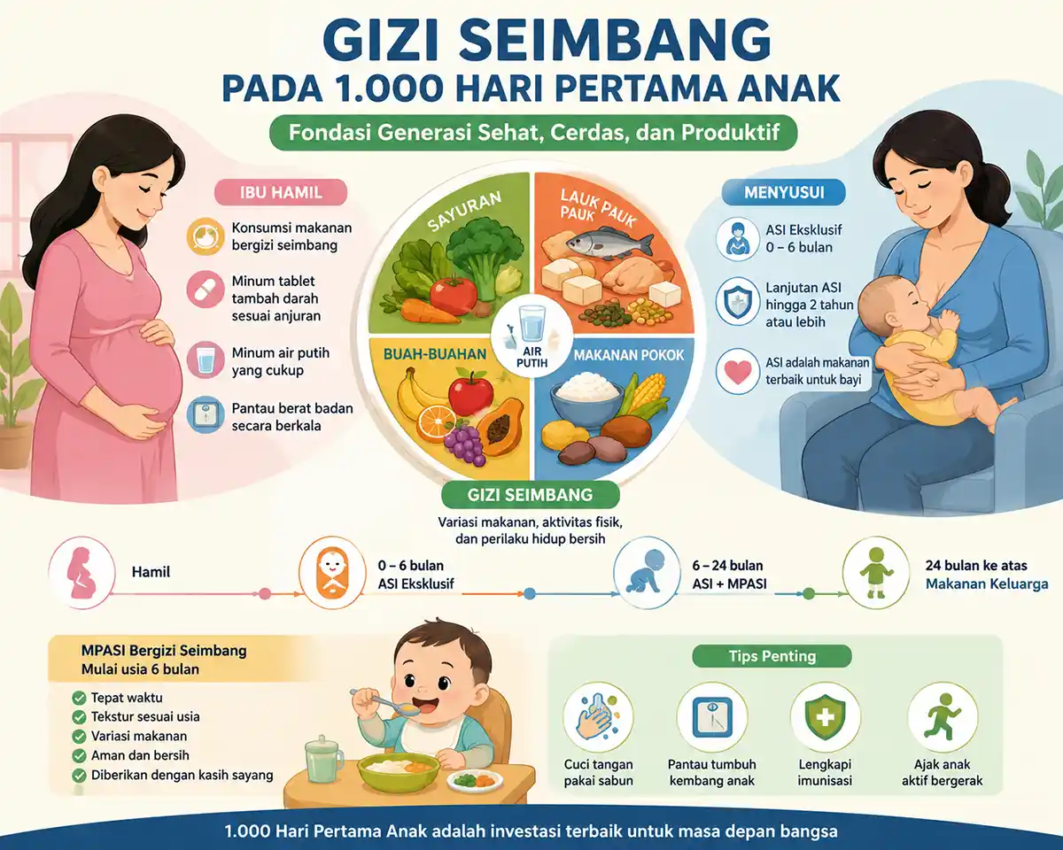 Ilustrasi infografis tahapan gizi seimbang pada 1.000 hari pertama anak mulai dari masa kehamilan, menyusui, hingga makanan keluarga.