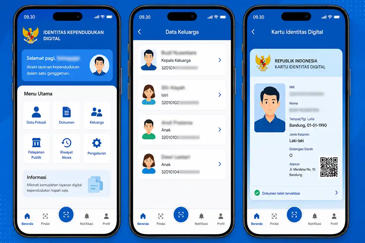 Ilustrasi aplikasi Identitas Kependudukan Digital (IKD) di smartphone dengan data pribadi tersamarkan.