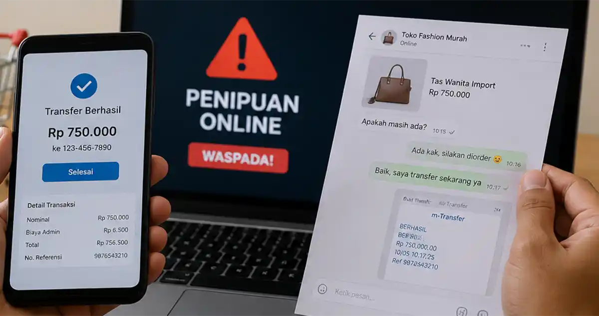 Ilustrasi korban penipuan belanja online mengumpulkan bukti transfer dan riwayat transaksi elektronik