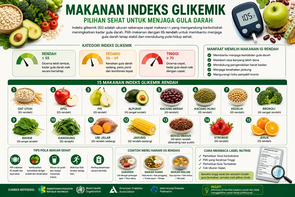 Infografis makanan indeks glikemik rendah berisi daftar makanan sehat, kategori IG, contoh menu, dan tips pola makan seimbang.