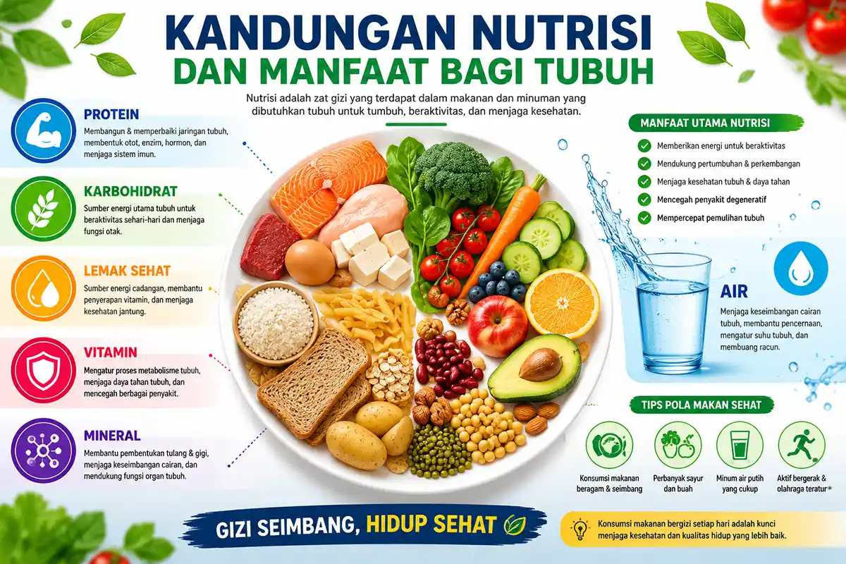 Ilustrasi infografis kandungan nutrisi makanan yang menampilkan protein, karbohidrat, lemak, serat, vitamin, dan mineral