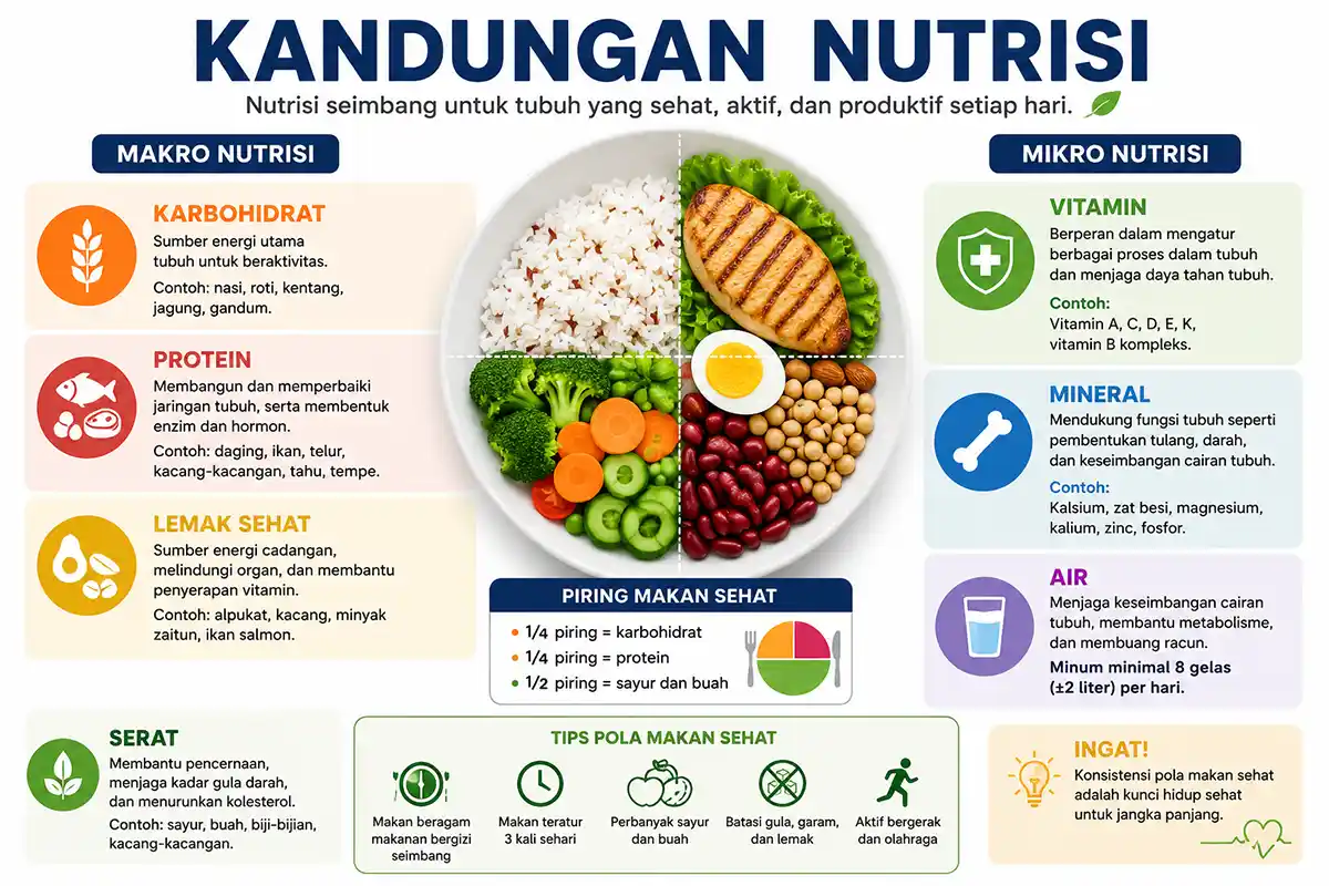 Ilustrasi informasi nilai gizi makanan dengan rincian nutrisi penting untuk mendukung kesehatan tubuh