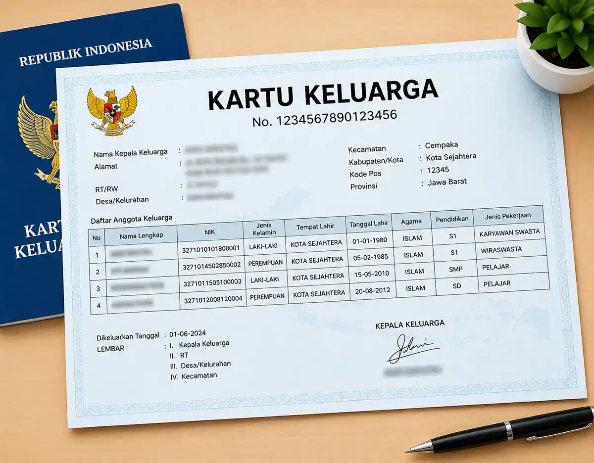 Ilustrasi lembar dokumen Kartu Keluarga KK model baru dengan tanda tangan elektronik diletakkan di atas meja bersama map dan pena.