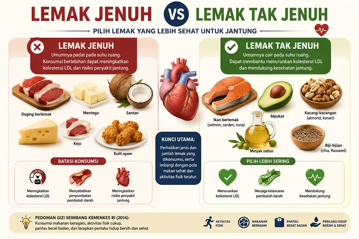 Ilustrasi perbandingan lemak jenuh dan lemak tak jenuh pada makanan untuk memahami pilihan lemak sehat