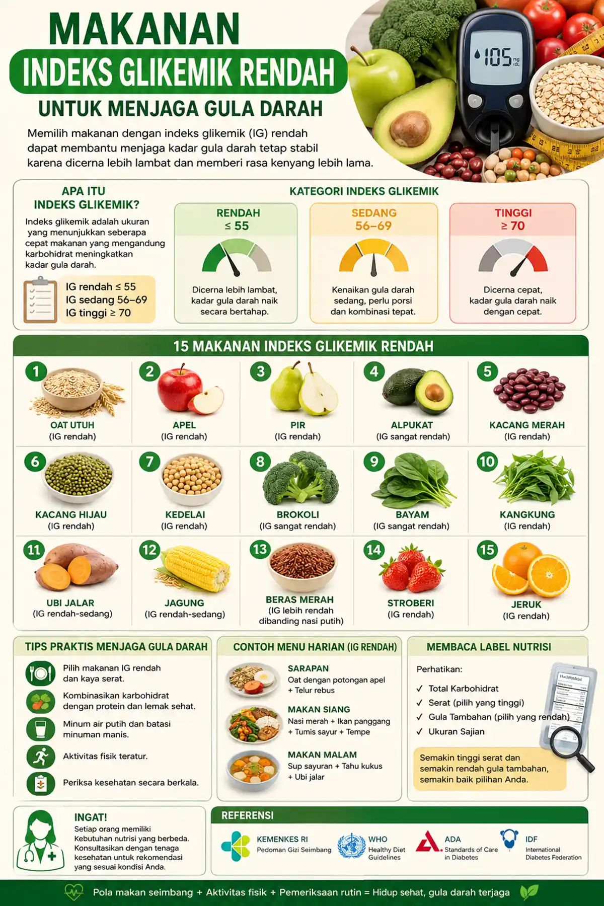 Infografis makanan indeks glikemik rendah seperti oat, apel, alpukat, kacang-kacangan, sayuran, beras merah, dan tips menjaga pola makan sehat untuk gula darah.