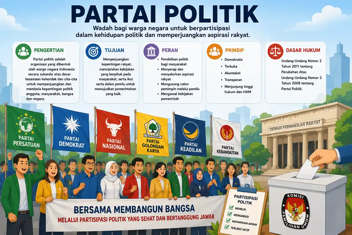 Infografis edukasi partai politik di Indonesia yang menjelaskan tentang pengertian, tujuan, peran, prinsip, dan dasar hukum undang-undang parpol.