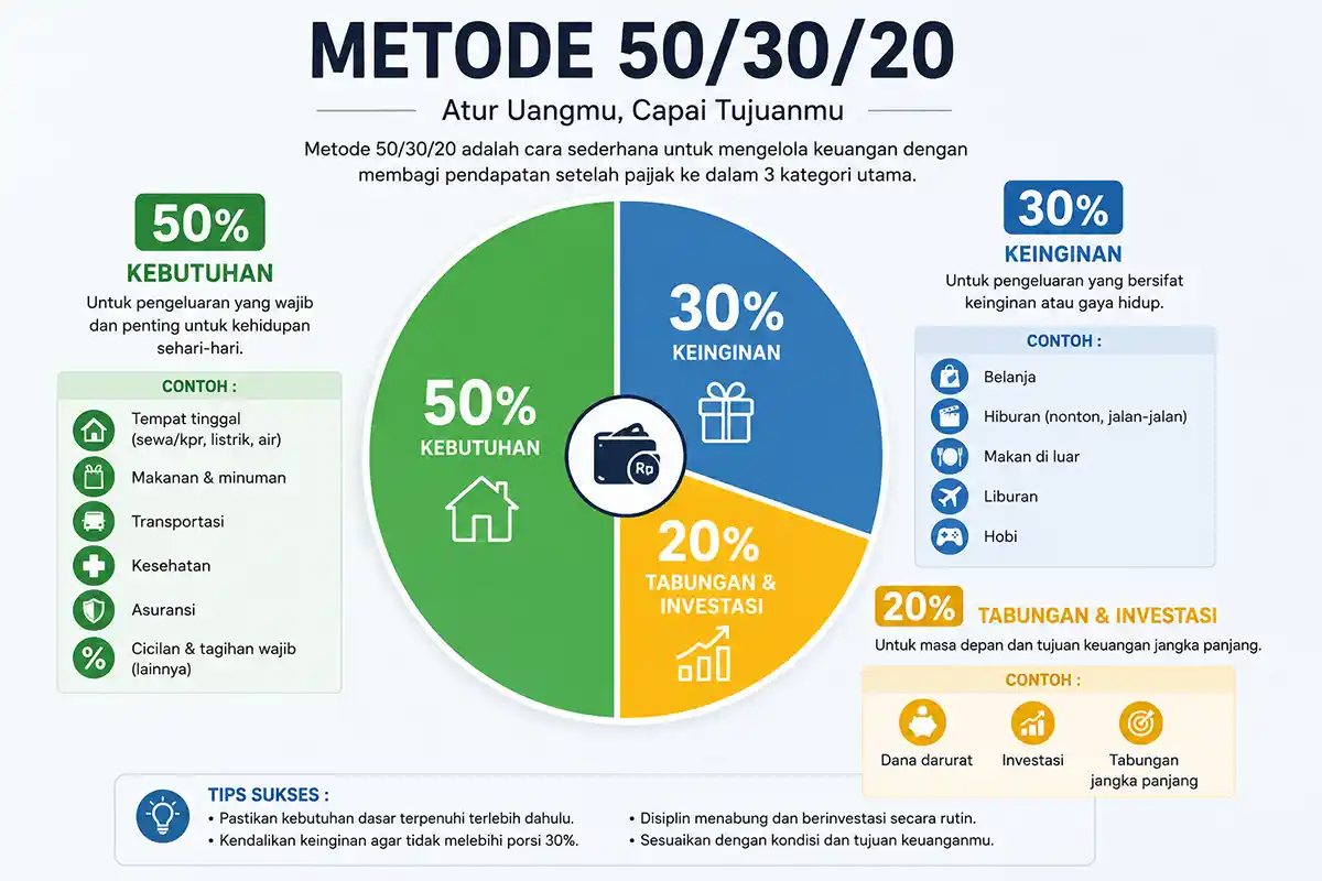Ilustrasi metode keuangan 50/30/20 untuk mengatur pembagian anggaran pribadi