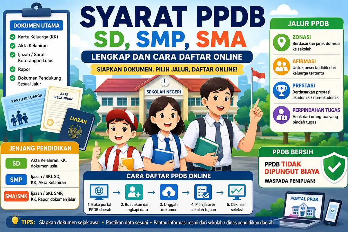 Ilustrasi alur tahapan pendaftaran PPDB online dan daftar dokumen utama kependudukan yang wajib disiapkan orang tua.