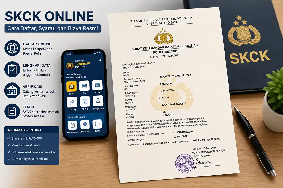 Panduan grafis pendaftaran SKCK online menggunakan aplikasi resmi kepolisian beserta syarat dan tarif resmi