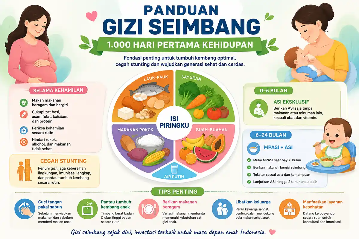 Infografis panduan gizi seimbang 1.000 hari pertama kehidupan mencakup gizi ibu hamil, ibu menyusui, porsi isi piringku, dan aturan MPASI.