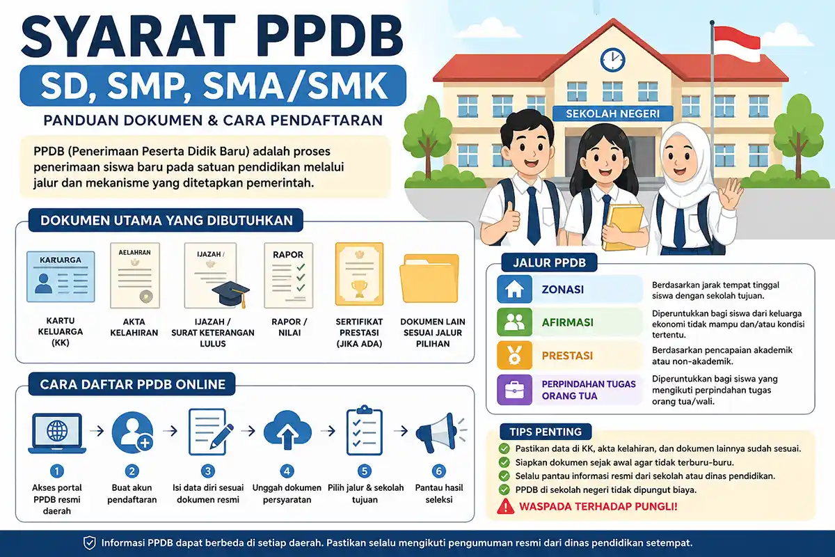 Infografis syarat dokumen, alur pendaftaran, dan jalur seleksi Penerimaan Peserta Didik Baru (PPDB) jenjang SD, SMP, dan SMA/SMK tahun 2026.