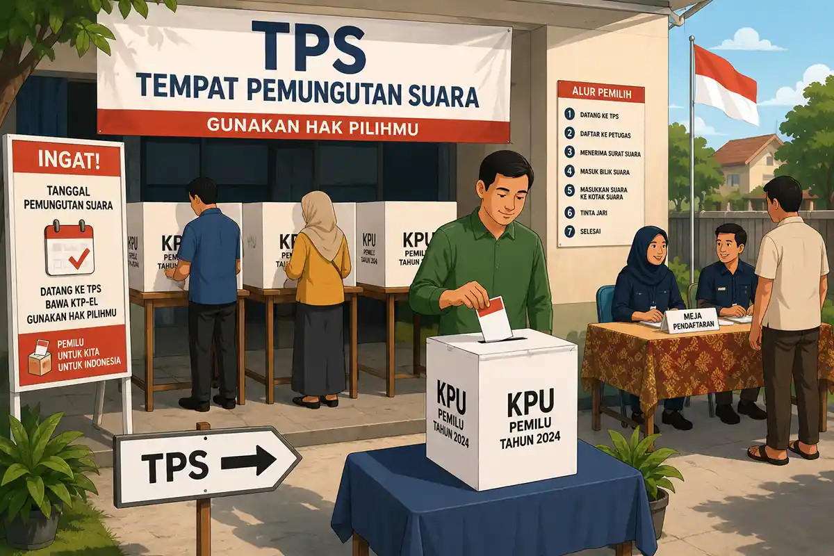 Ilustrasi suasana pemungutan suara di TPS Pemilu dengan bilik suara, kotak suara KPU, petugas pendaftaran, dan warga yang menggunakan hak pilihnya.