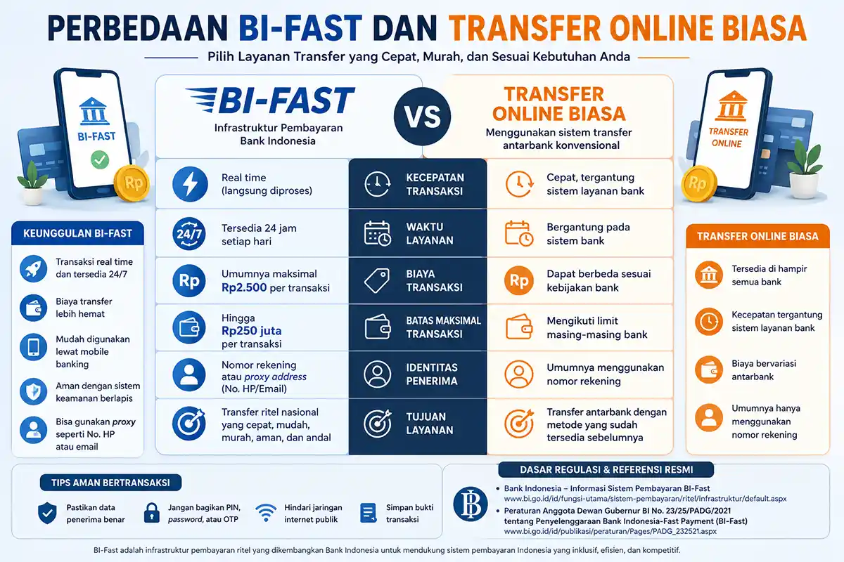 Infografis perbedaan BI-Fast dan transfer online biasa meliputi biaya, kecepatan transaksi, batas transfer, dan fitur layanan perbankan digital