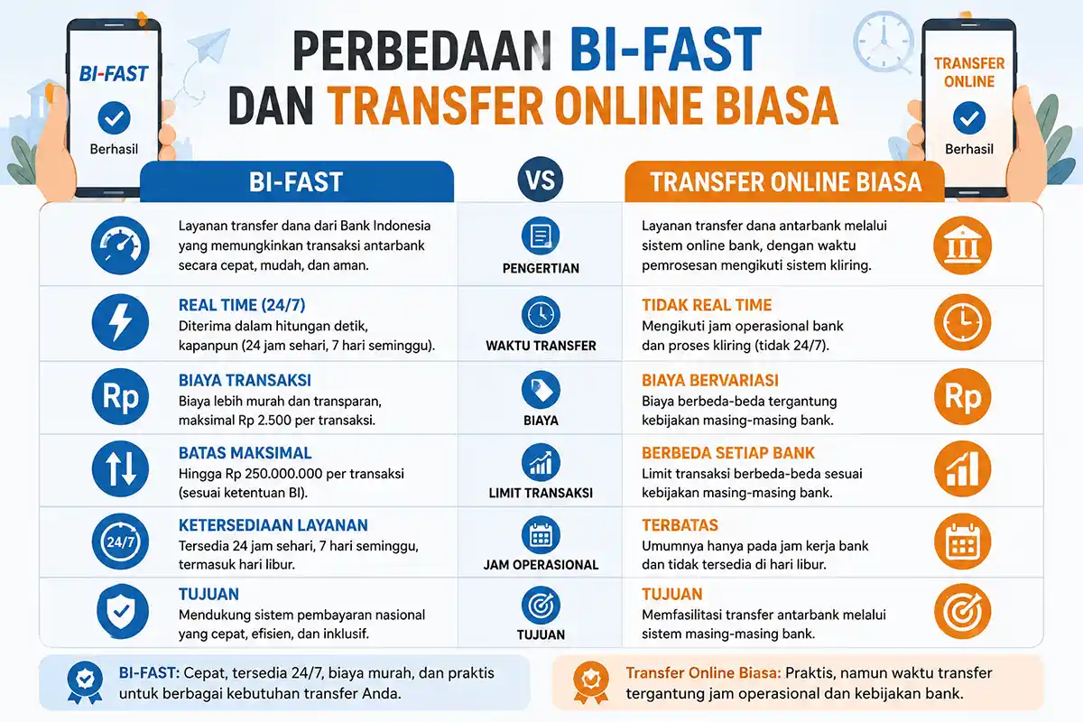 Infografis perbandingan layanan BI-FAST dengan transfer online biasa.
