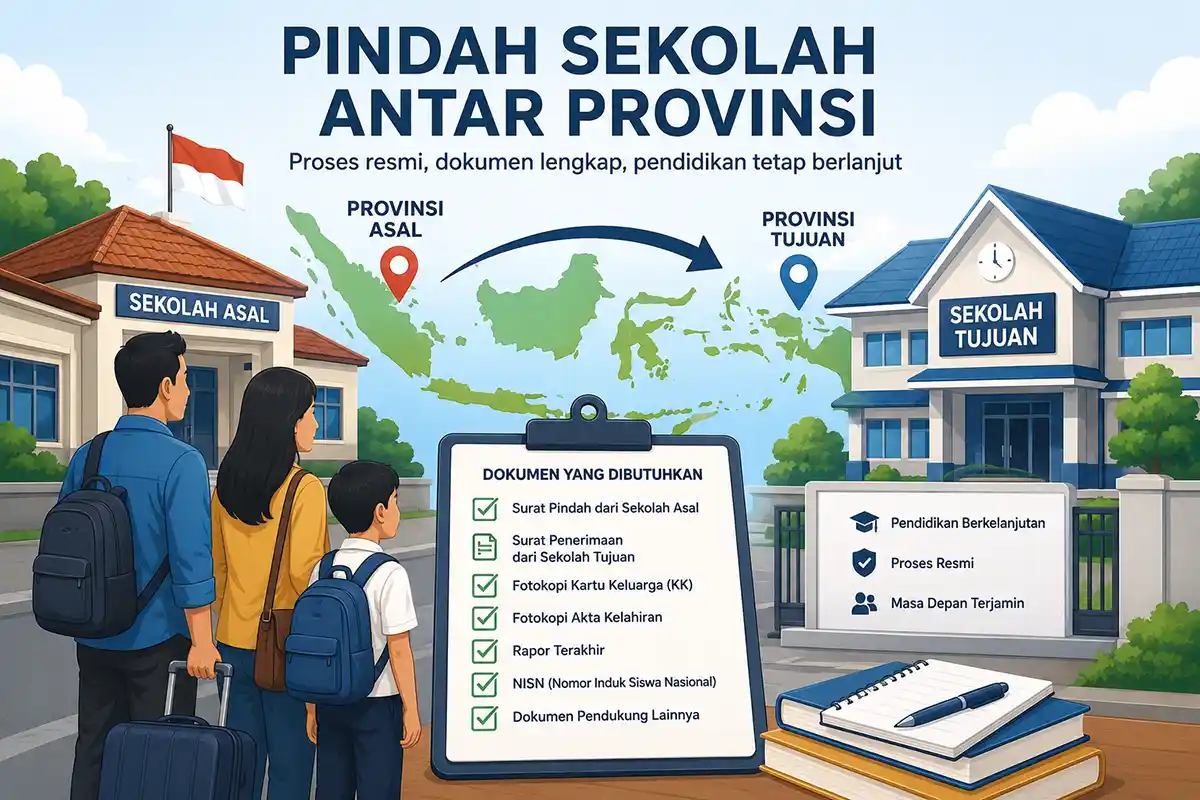 Ilustrasi siswa pindah sekolah antar provinsi dengan dokumen administrasi pendidikan