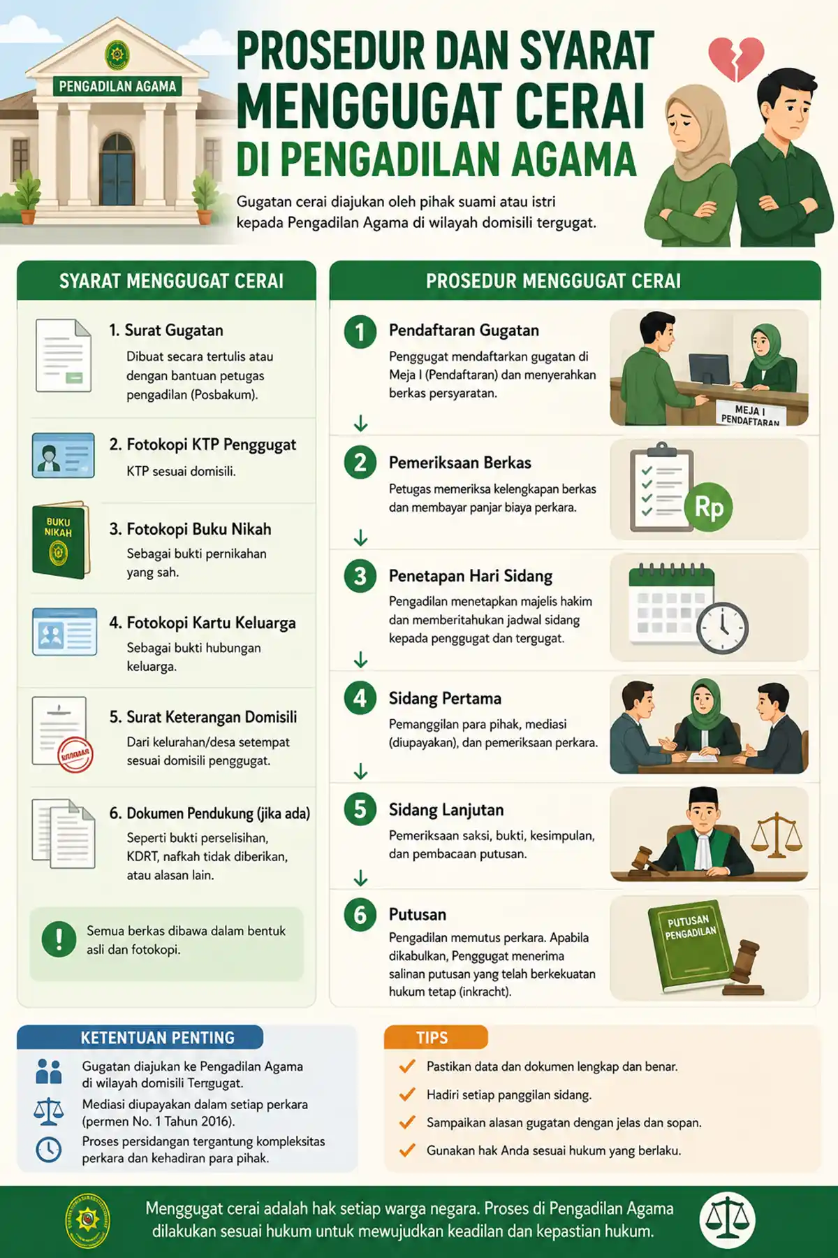 Infografis prosedur dan syarat menggugat cerai di Pengadilan Agama.