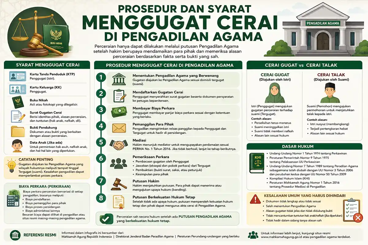 Infografis prosedur dan syarat menggugat cerai di Pengadilan Agama meliputi dokumen persyaratan, tahapan sidang, perbedaan cerai gugat dan cerai talak, serta dasar hukum perceraian di Indonesia.