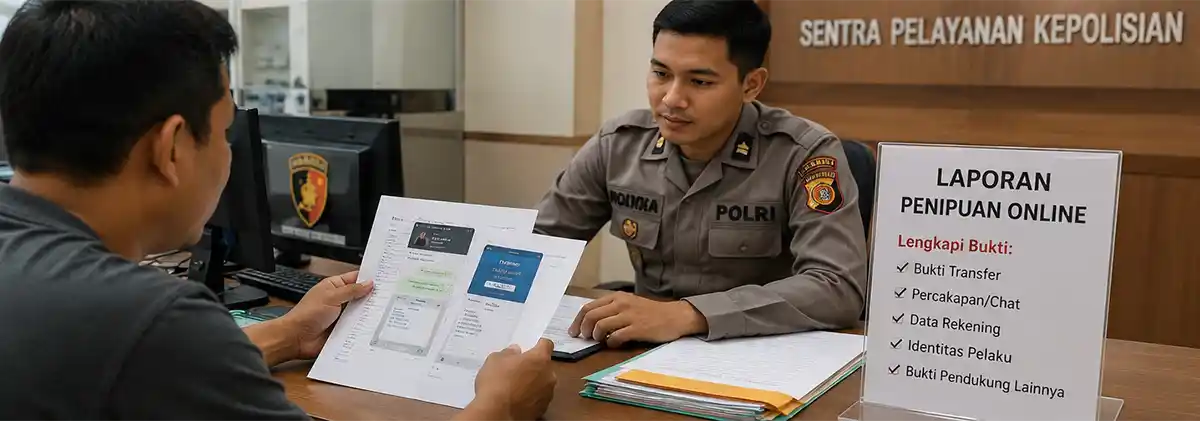 Ilustrasi petugas menerima laporan dugaan penipuan online dengan bukti transfer, percakapan, dan data transaksi.