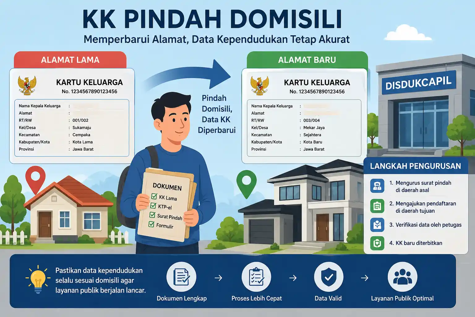 Infografis panduan cara mengurus KK pindah domisili yang menjelaskan syarat dokumen, alur pembaruan alamat dari Disdukcapil asal ke daerah tujuan.